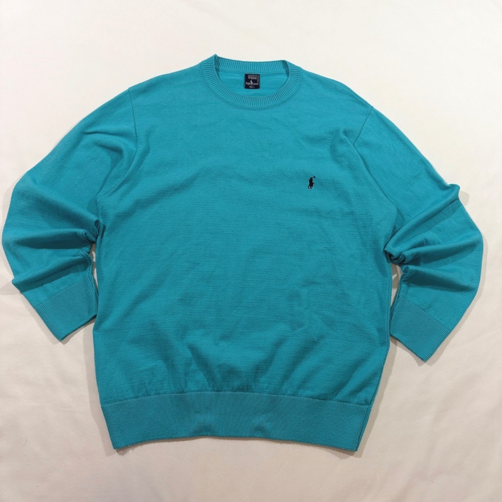 Polo Ralph Lauren Sweater Mens L Turquoise Y2K 2000s Cotton Crewneck Made in USA